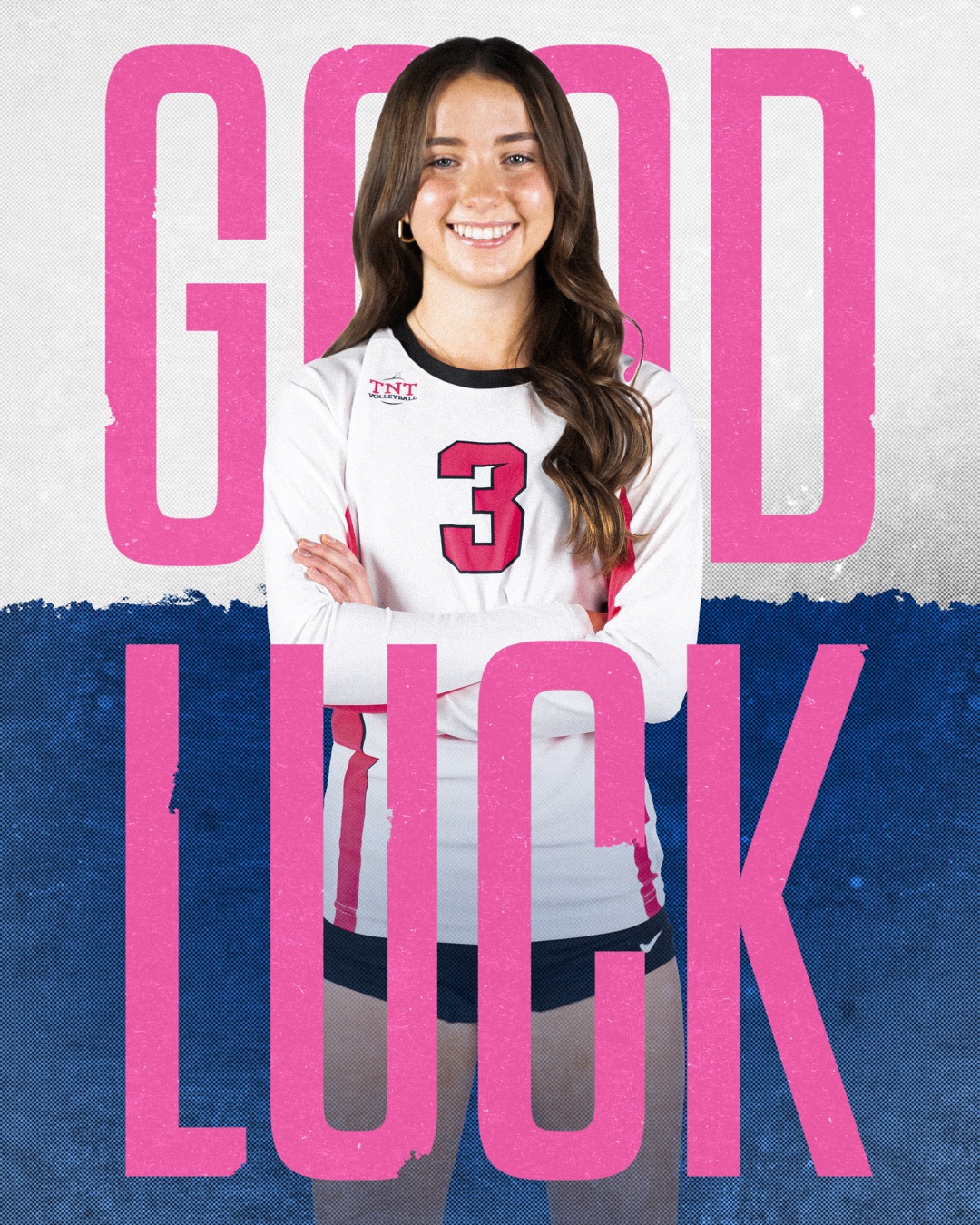 Good luck social media graphic with school colors and athlete imagery
